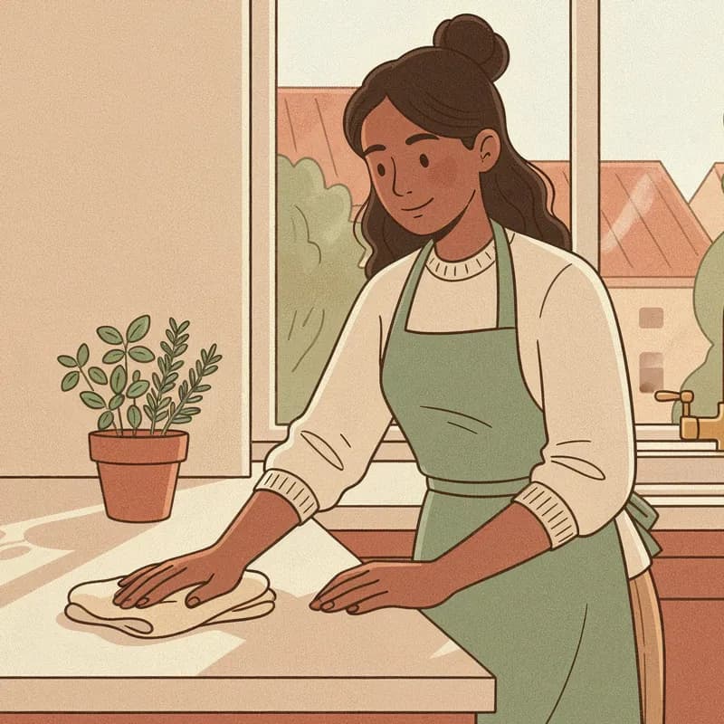 A Hometress cleaner in a sage apron wiping a kitchen counter beside a window