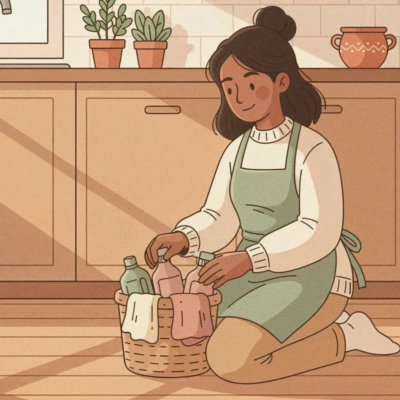 A Hometress cleaner unpacking her basket of eco-friendly supplies in the kitchen