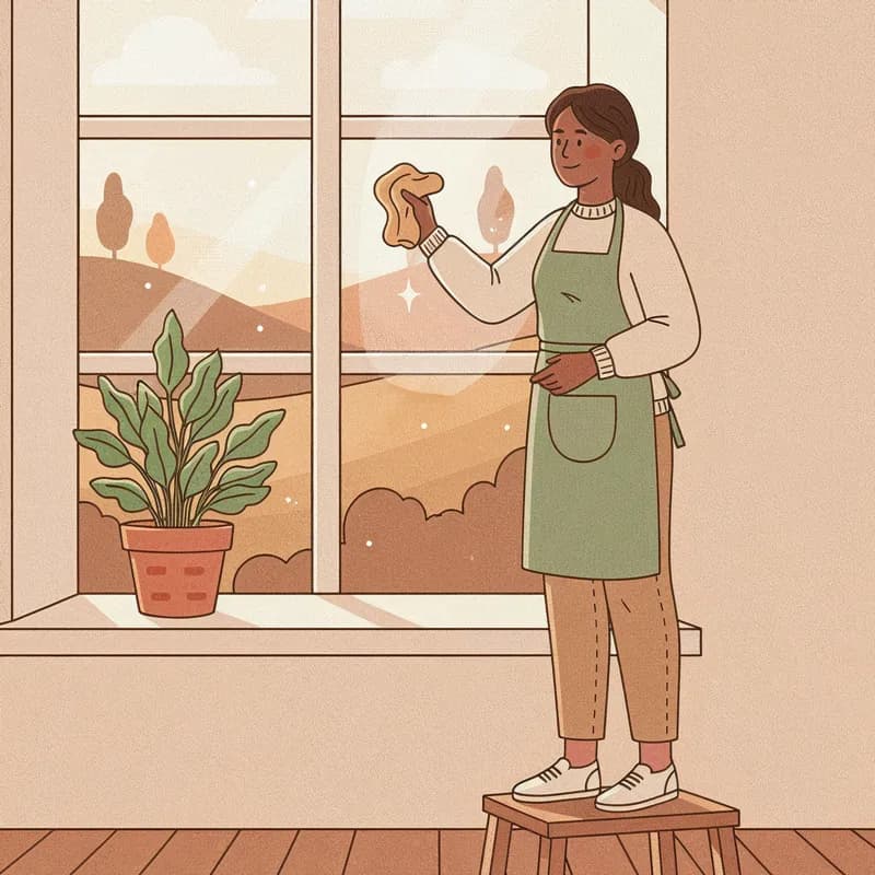 A cleaner wiping an interior window pane