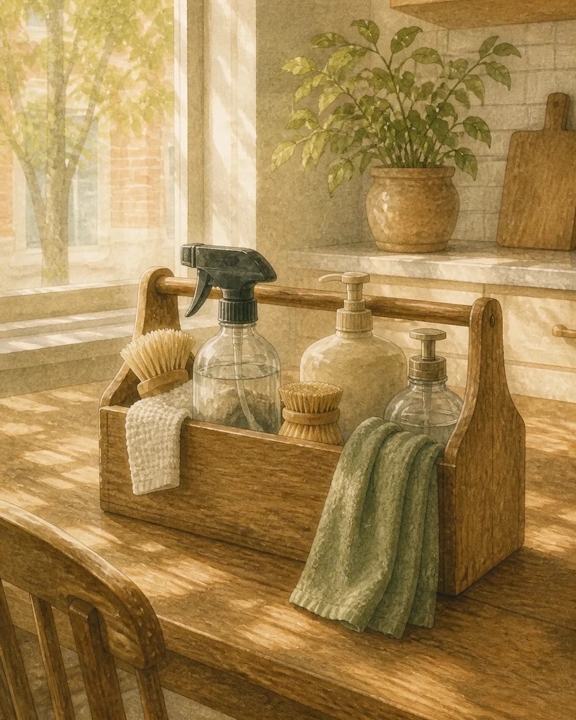 A painted wooden cleaning-supply caddy on a kitchen table in warm morning light