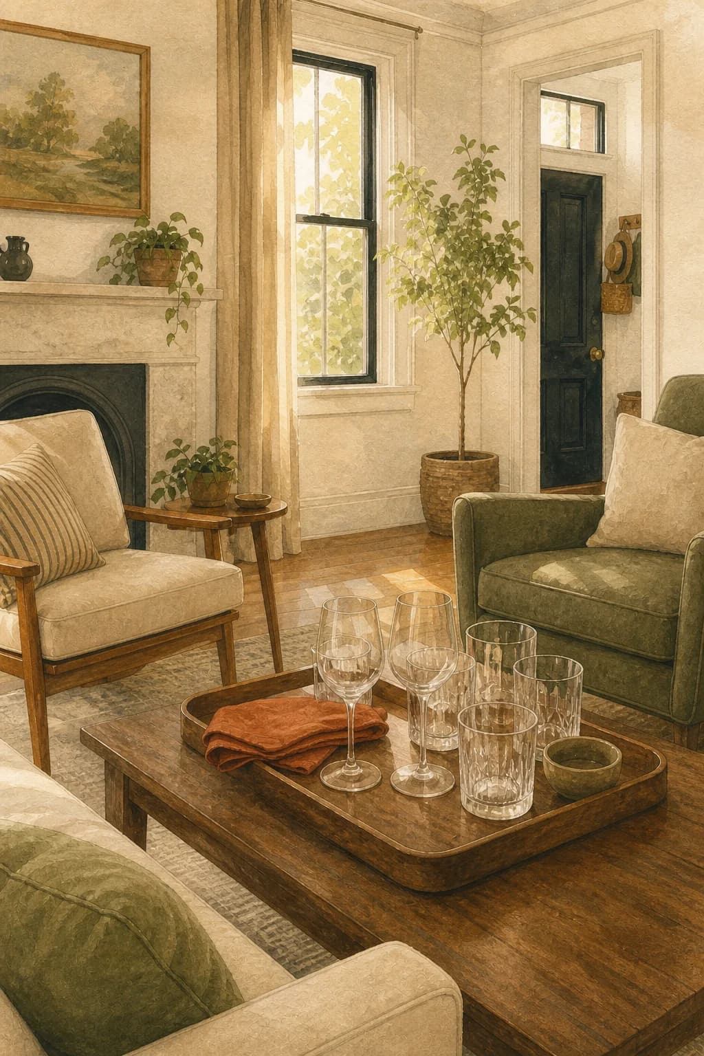 A painted living room restored after a gathering with glasses collected on a tray