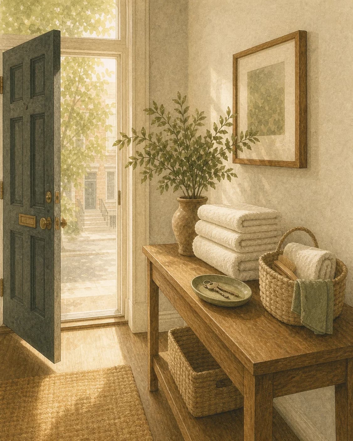 A painted rental entry with folded towels, a welcome basket, and keys ready for the next guest