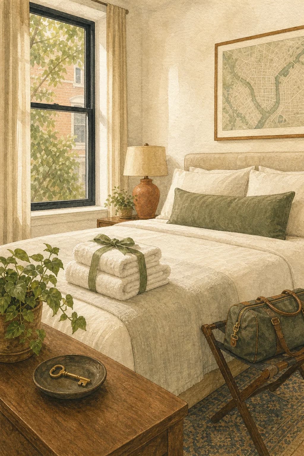 A painted guest-ready rental bedroom with folded towels and a key