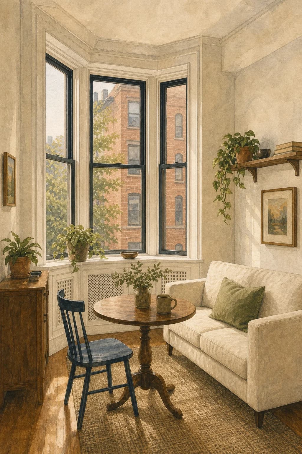 A painted compact city apartment with a sunlit bay window
