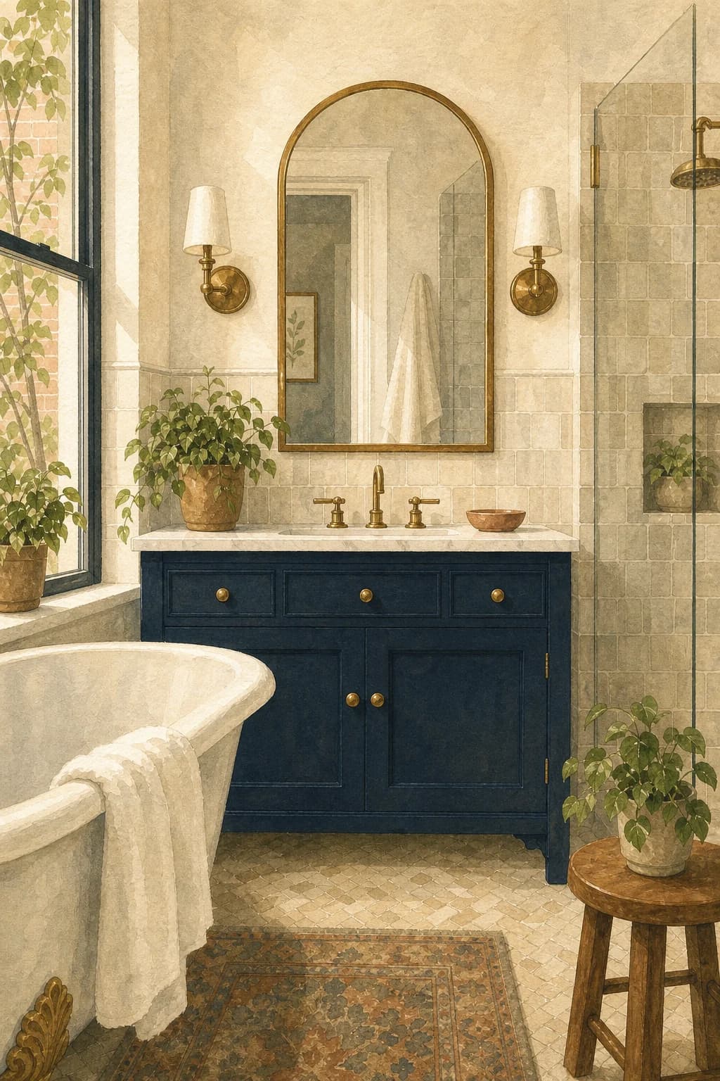 A painted gleaming tiled bathroom with a clean tub and mirror