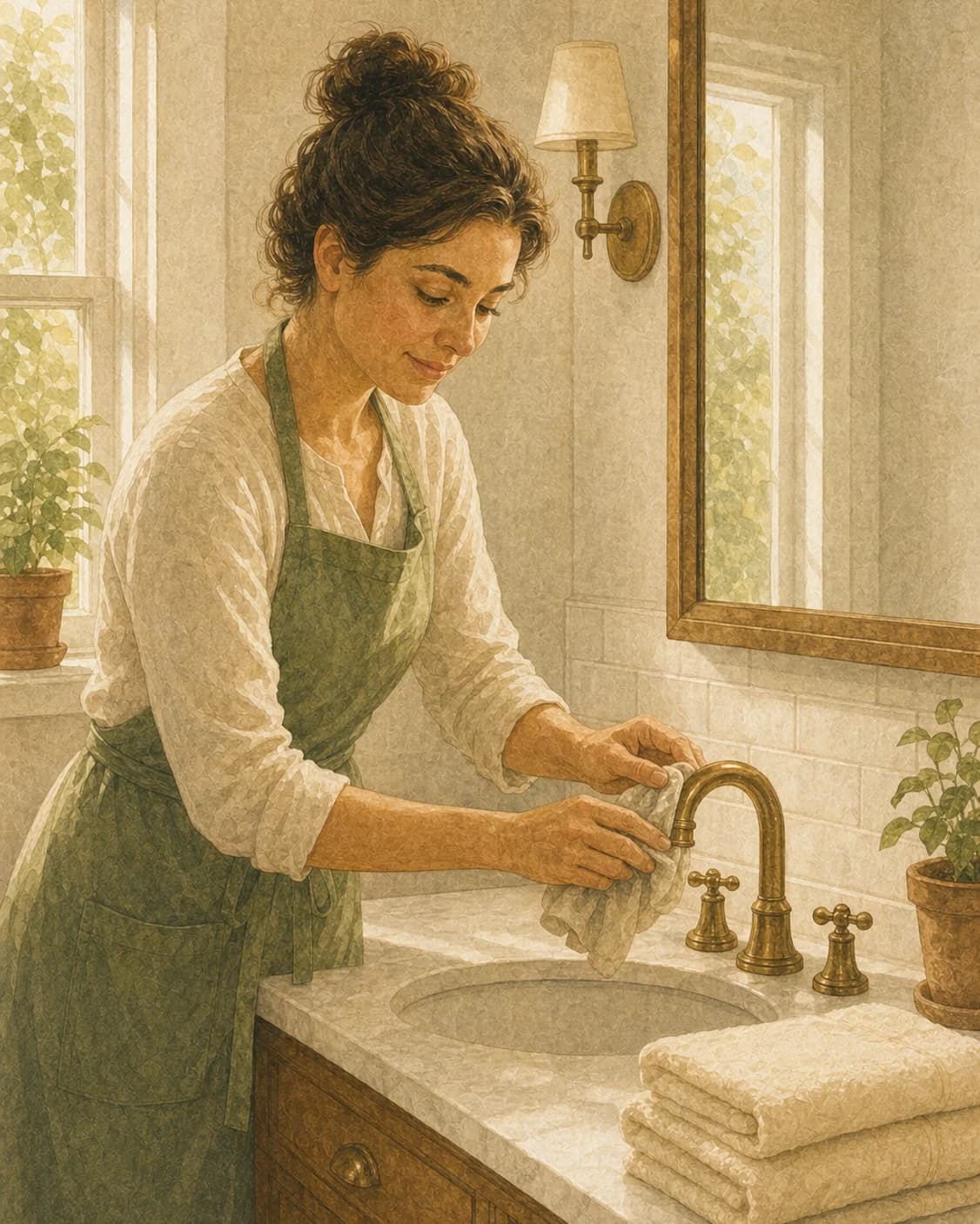 A painted cleaner polishing a faucet in a guest-ready bathroom with folded towels