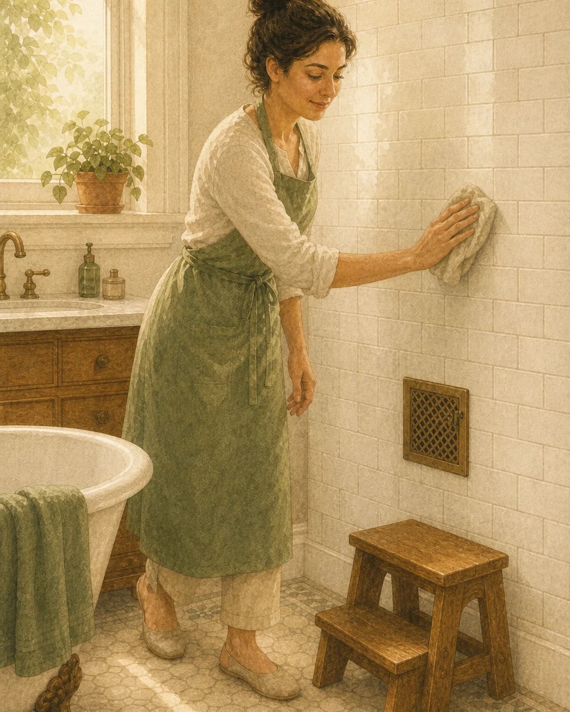 A painted cleaner wiping a subway-tiled bathroom wall near a brass vent