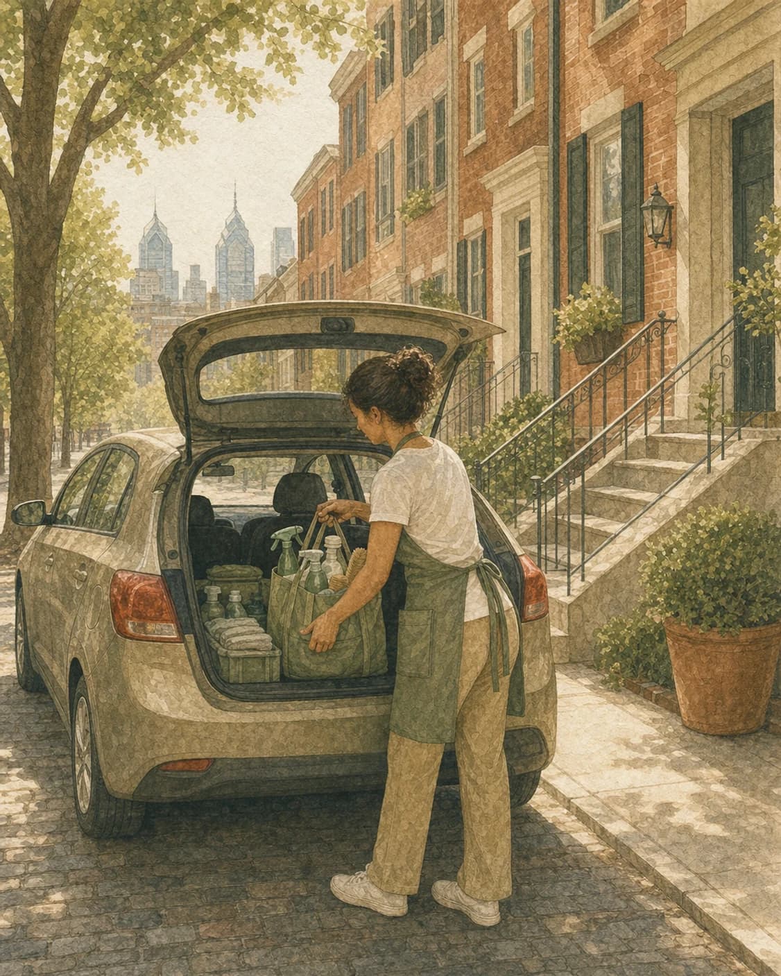 A painted Philadelphia cleaner loading sage supplies into a compact car with Center City in the distance