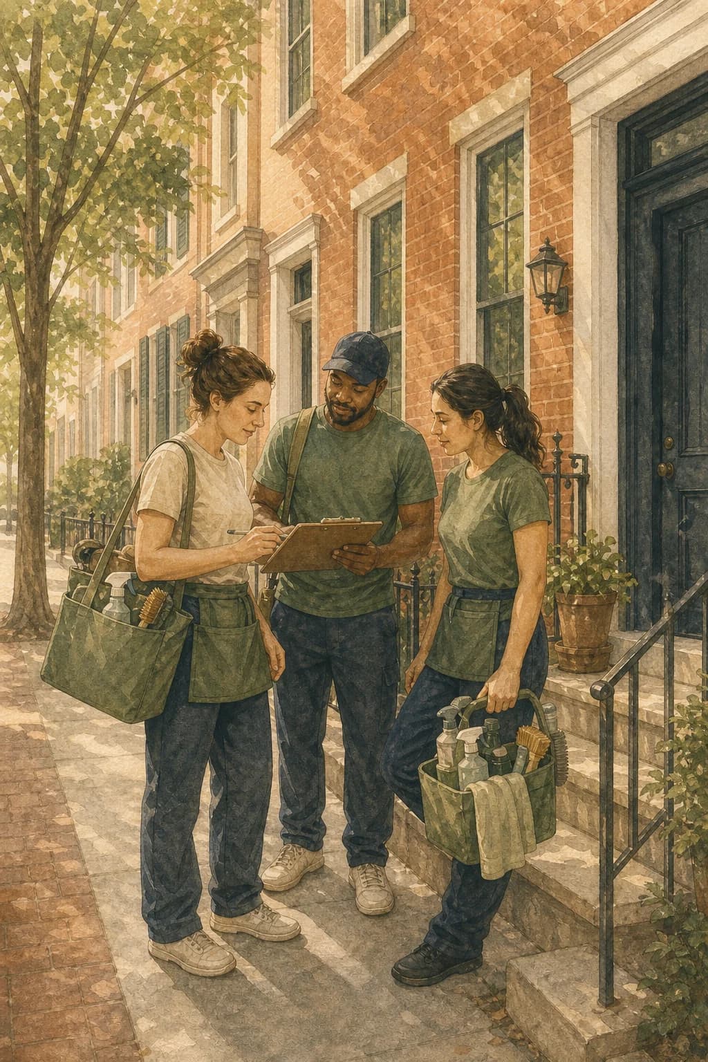 A painted local cleaning team outside a row of city homes