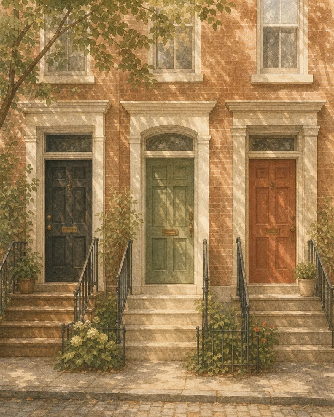 A painted row of three distinct Philadelphia rowhome doors in soft morning light