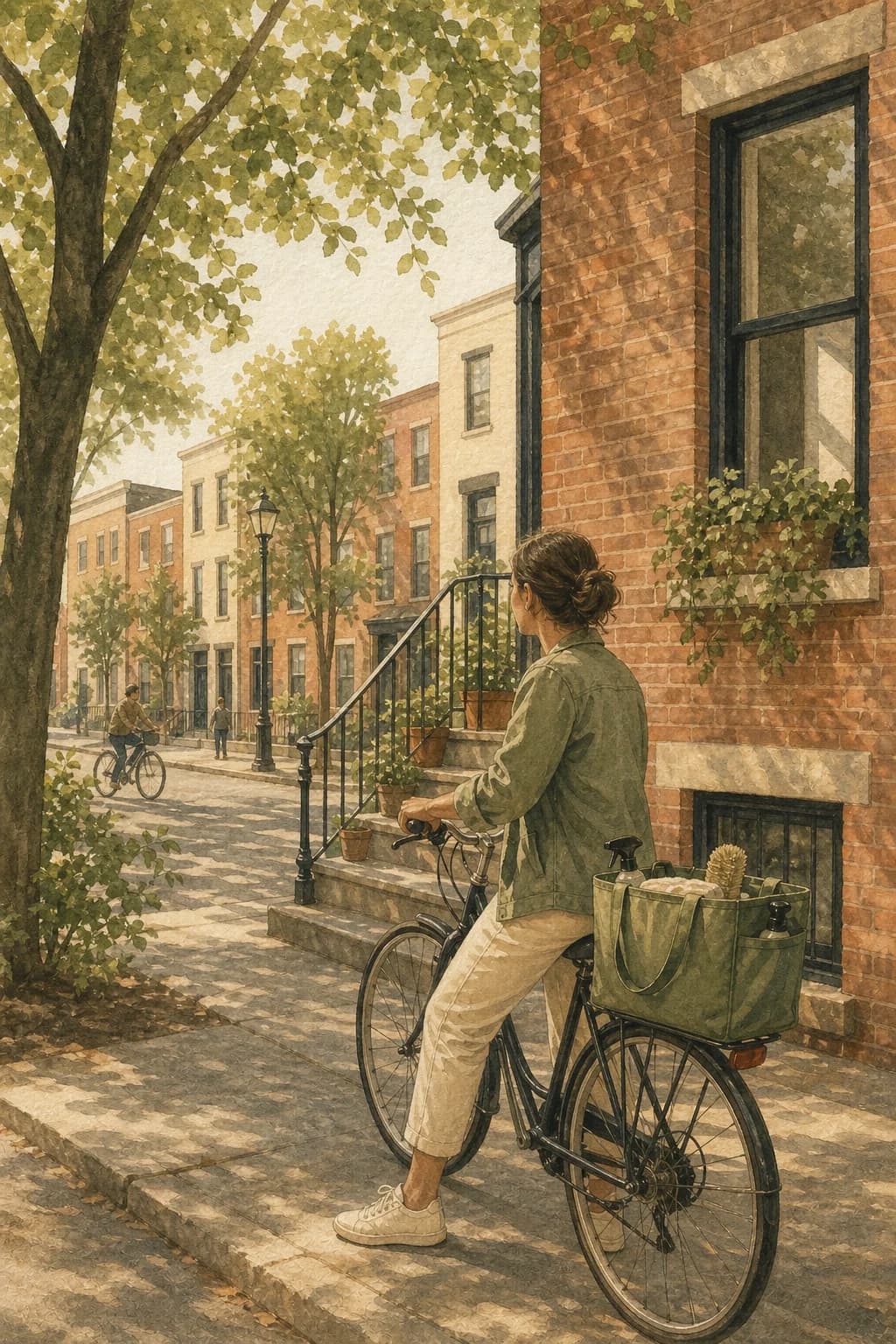 A painted local cleaner arriving by bicycle with a sage supply tote