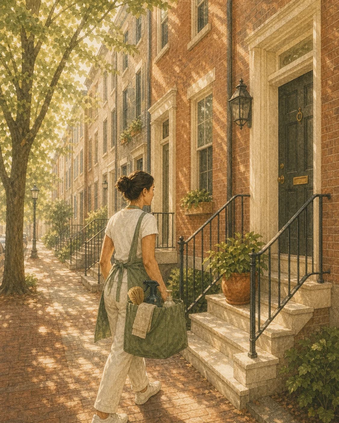 A painted neighborhood cleaner carrying a sage tote toward a Philadelphia rowhome stoop