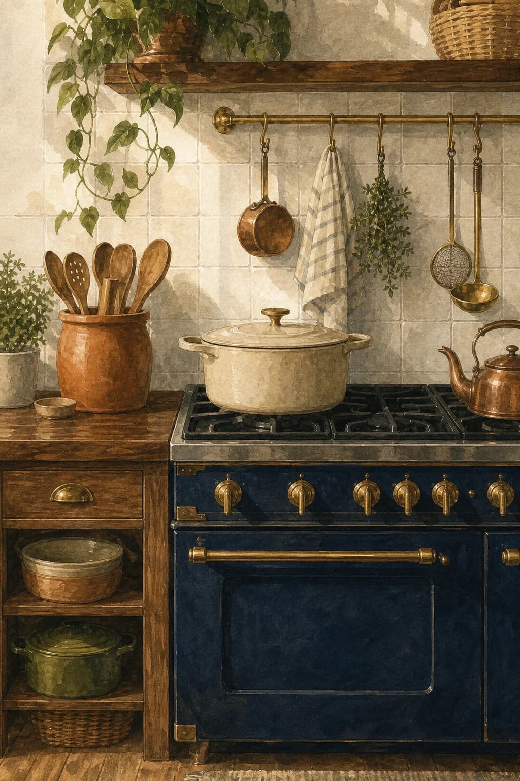 A painted restored range, backsplash, and detailed kitchen cabinetry