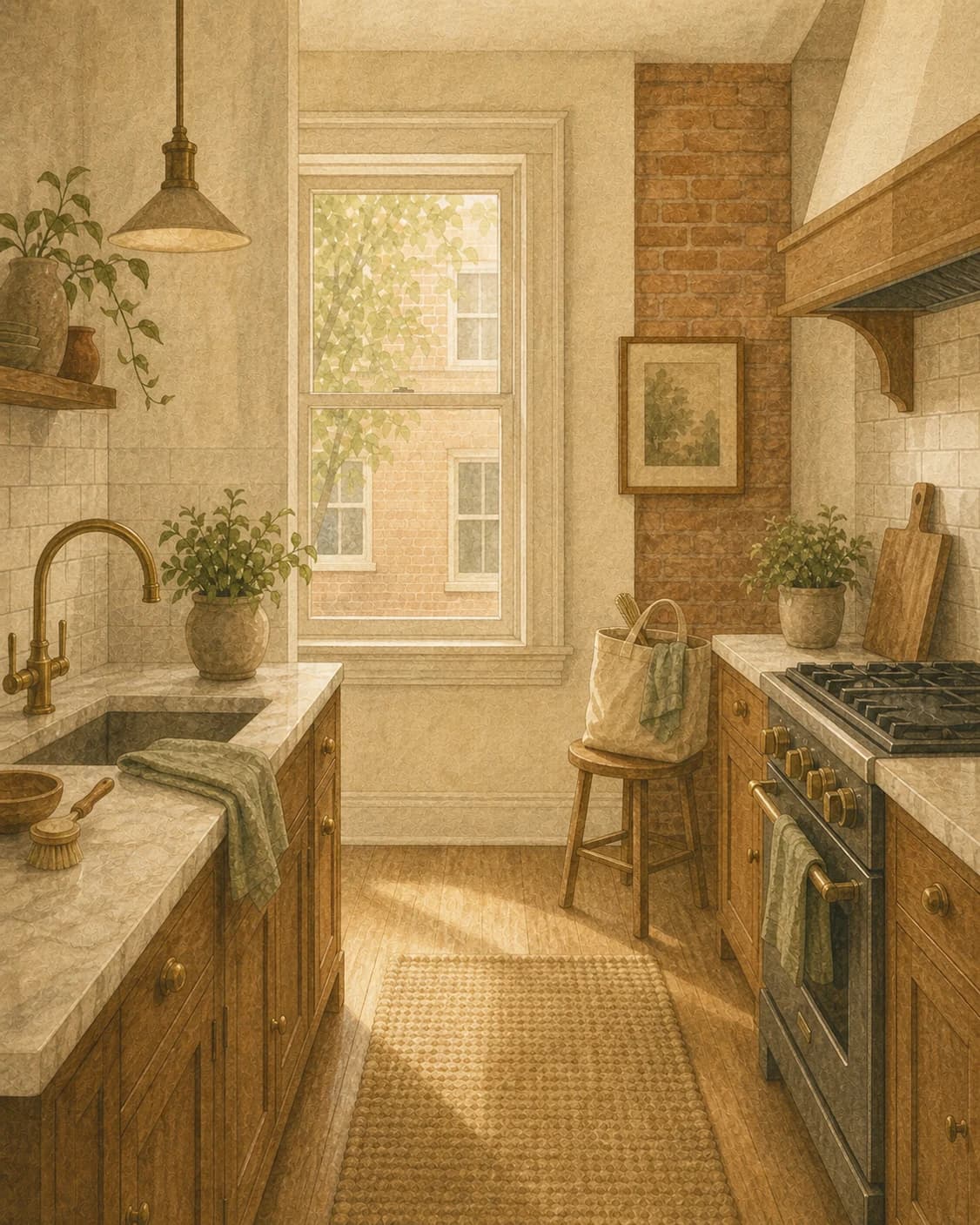 A painted Philadelphia rowhome kitchen with exposed brick and a cleaning tote in soft window light