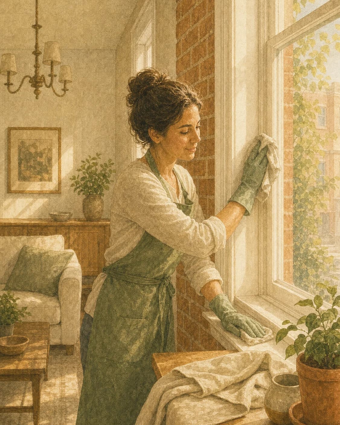 A painted cleaner removing renovation dust from exposed brick and window trim