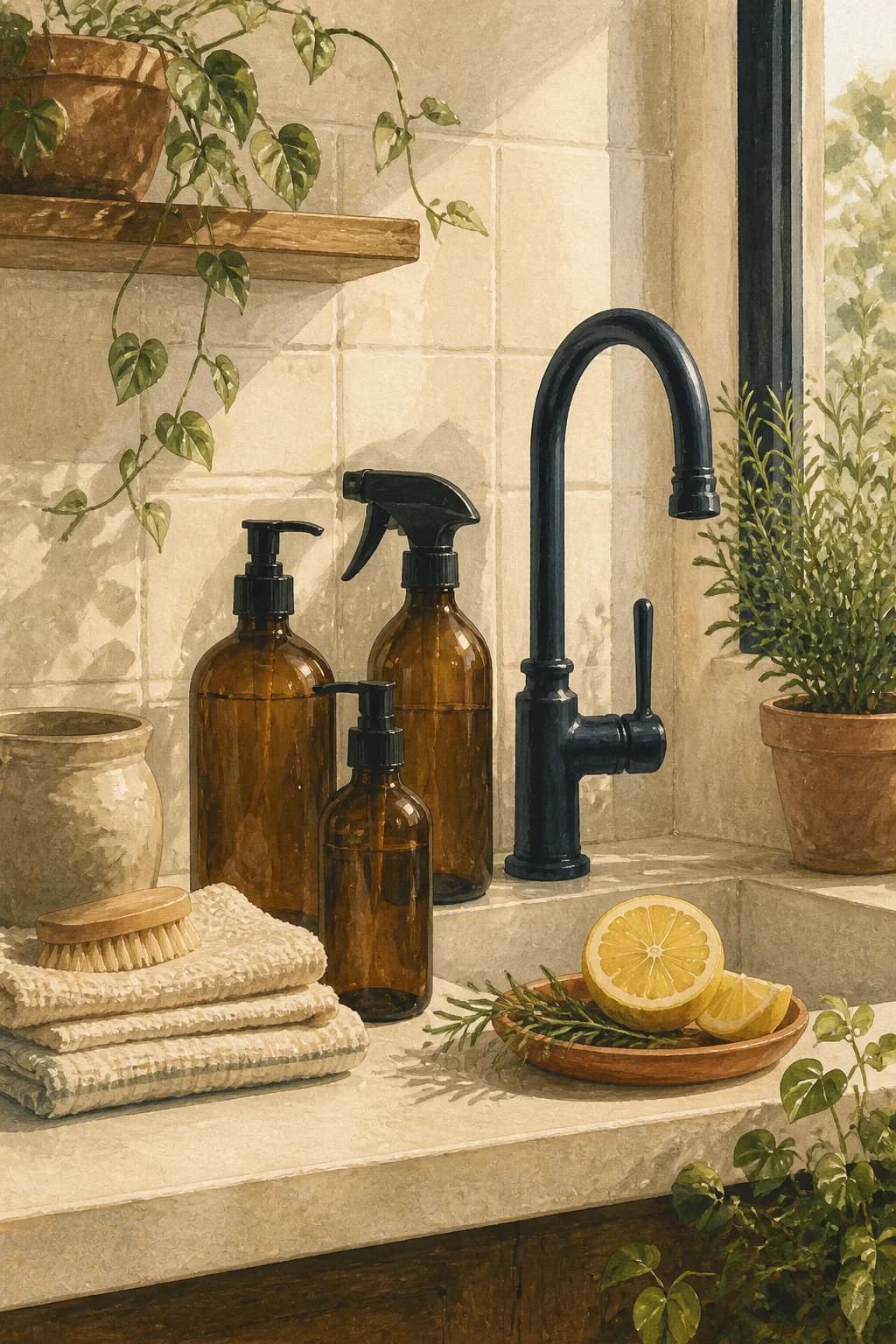A painted sink with gentle amber refill bottles, citrus, and plants