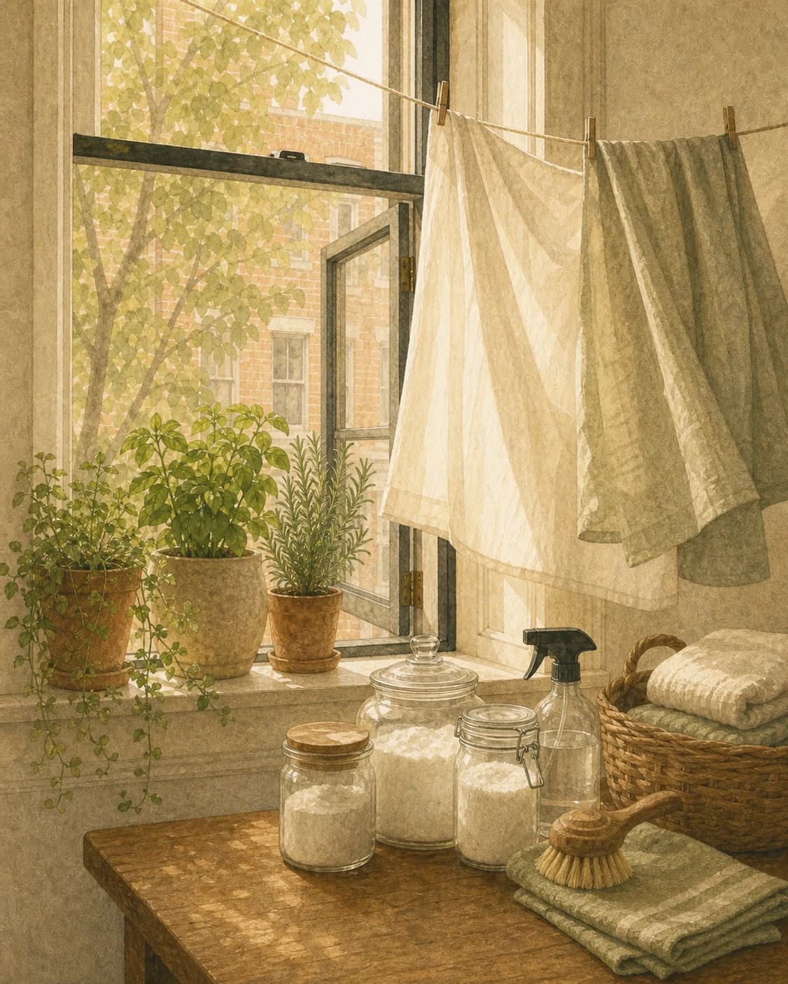 A painted open rowhome window with herb pots, air-drying linens, and glass refill jars