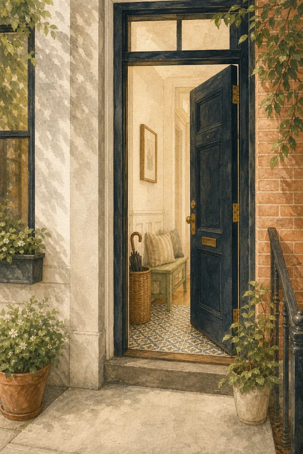 A painted neighborhood stoop with an open, kept home