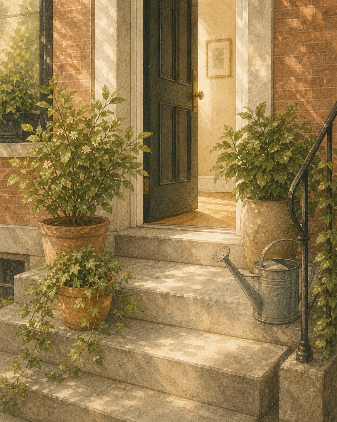 A painted rowhome stoop with swept steps, potted plants, a watering can, and an open door