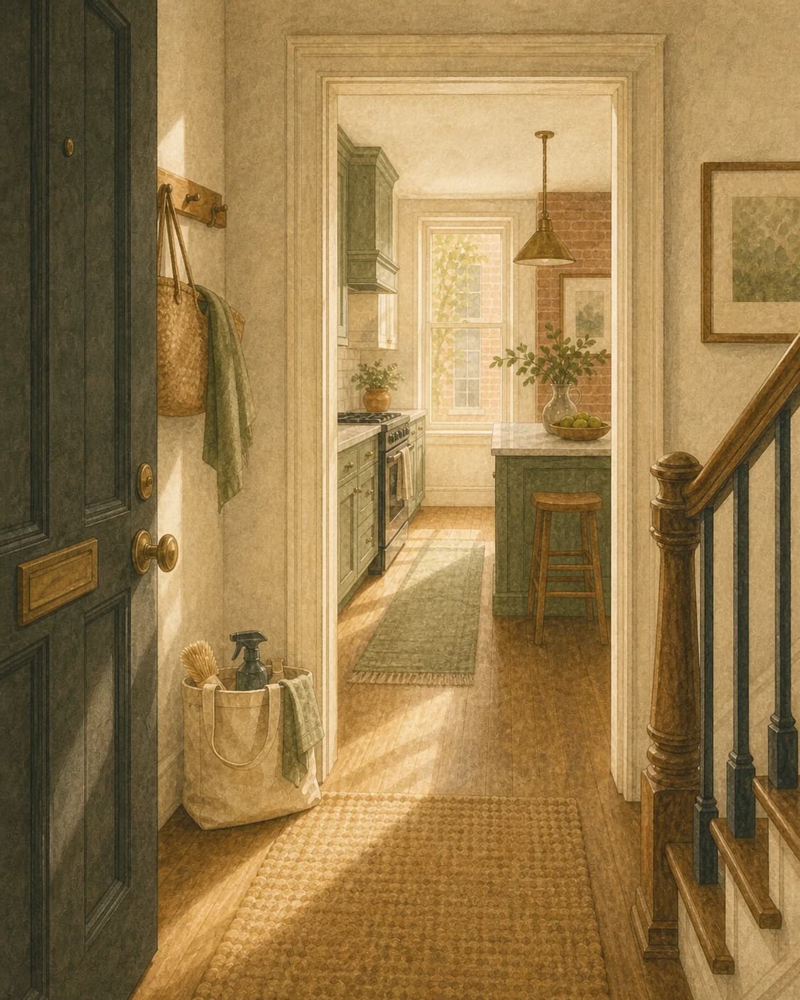 A painted Philadelphia rowhome entry opening into a tidy kitchen in soft afternoon light