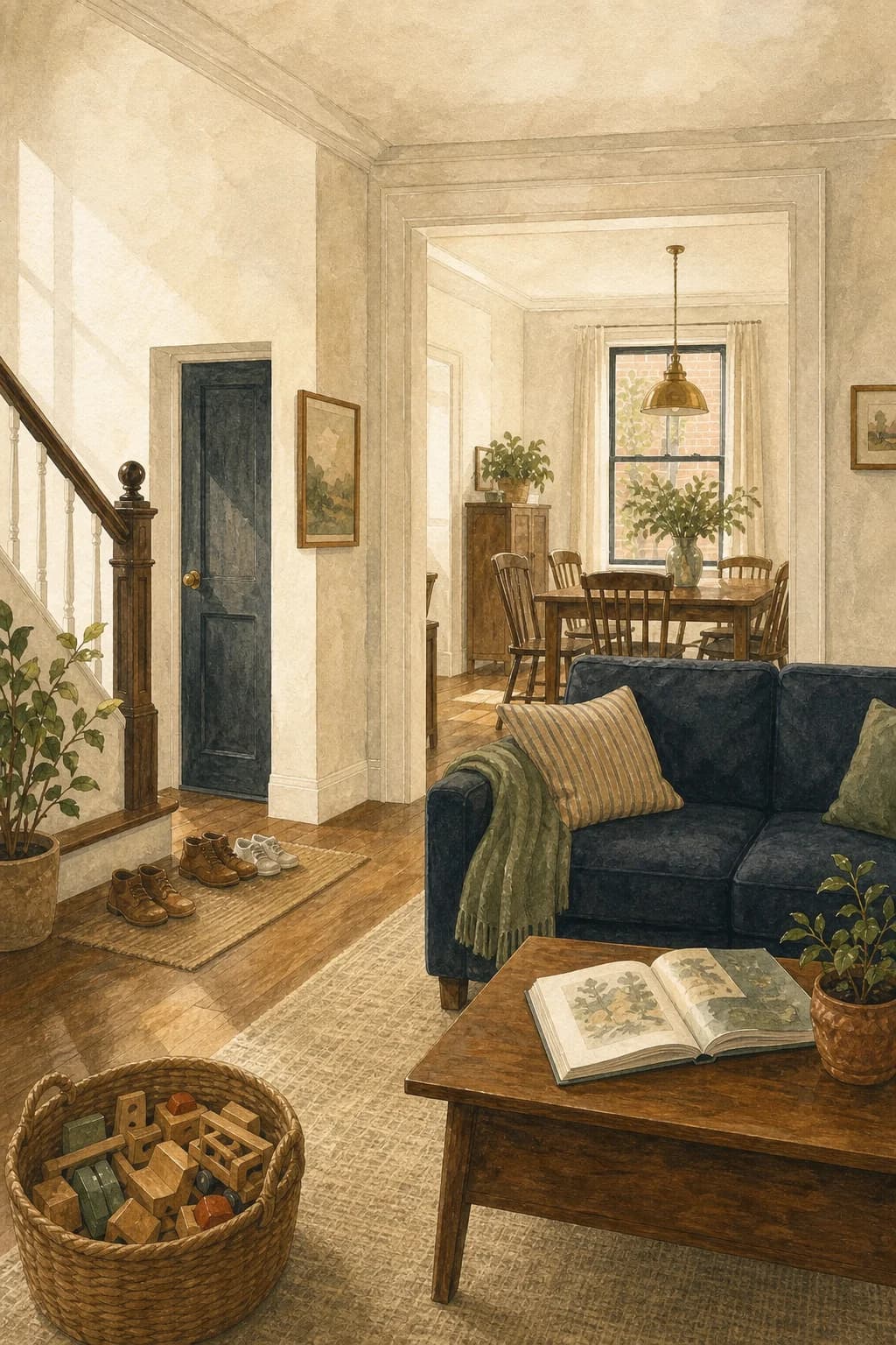 A painted calm family living room — safe surfaces, toys stored away