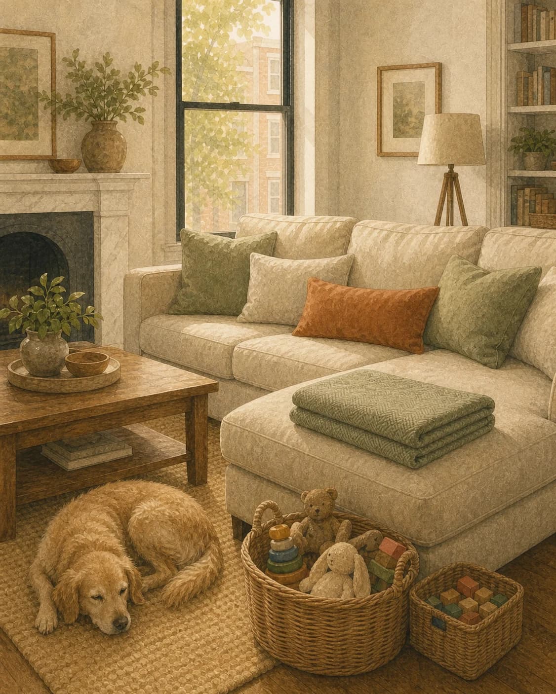 A painted family living room with toys in baskets, a resting dog, and a neatly folded throw