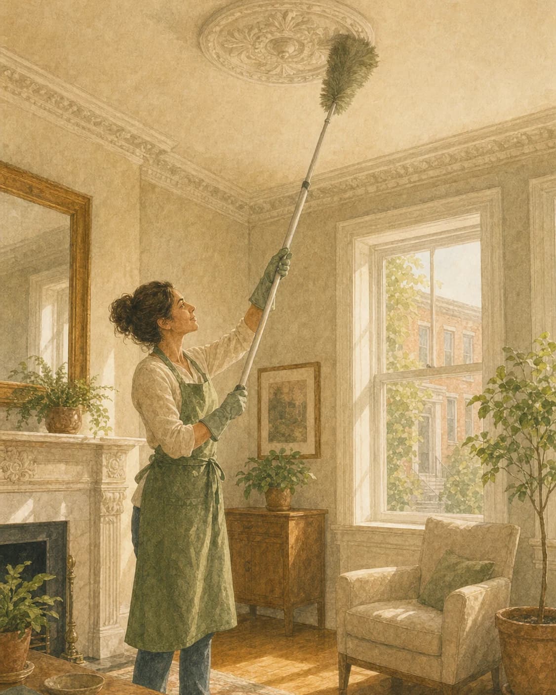 A painted cleaner reaching a plaster ceiling medallion with an extendable duster