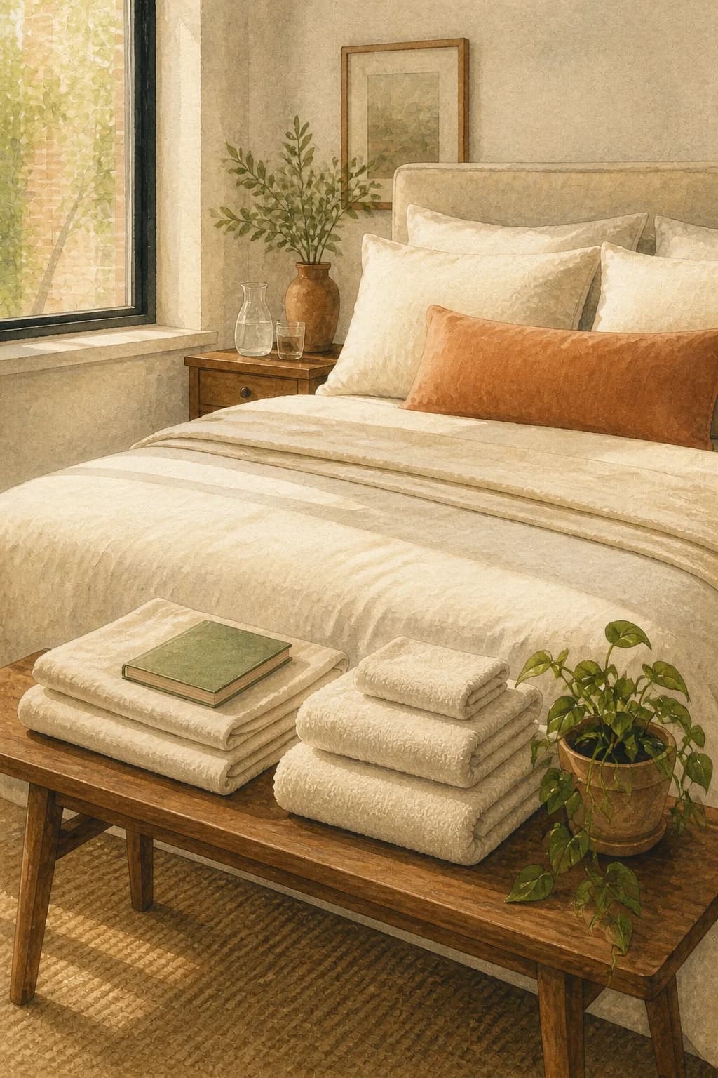 A painted freshly made bed with neatly folded linens