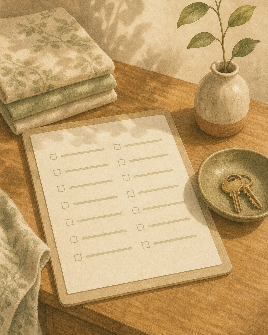 A painted housekeeping checklist beside folded linens and a dish of brass keys