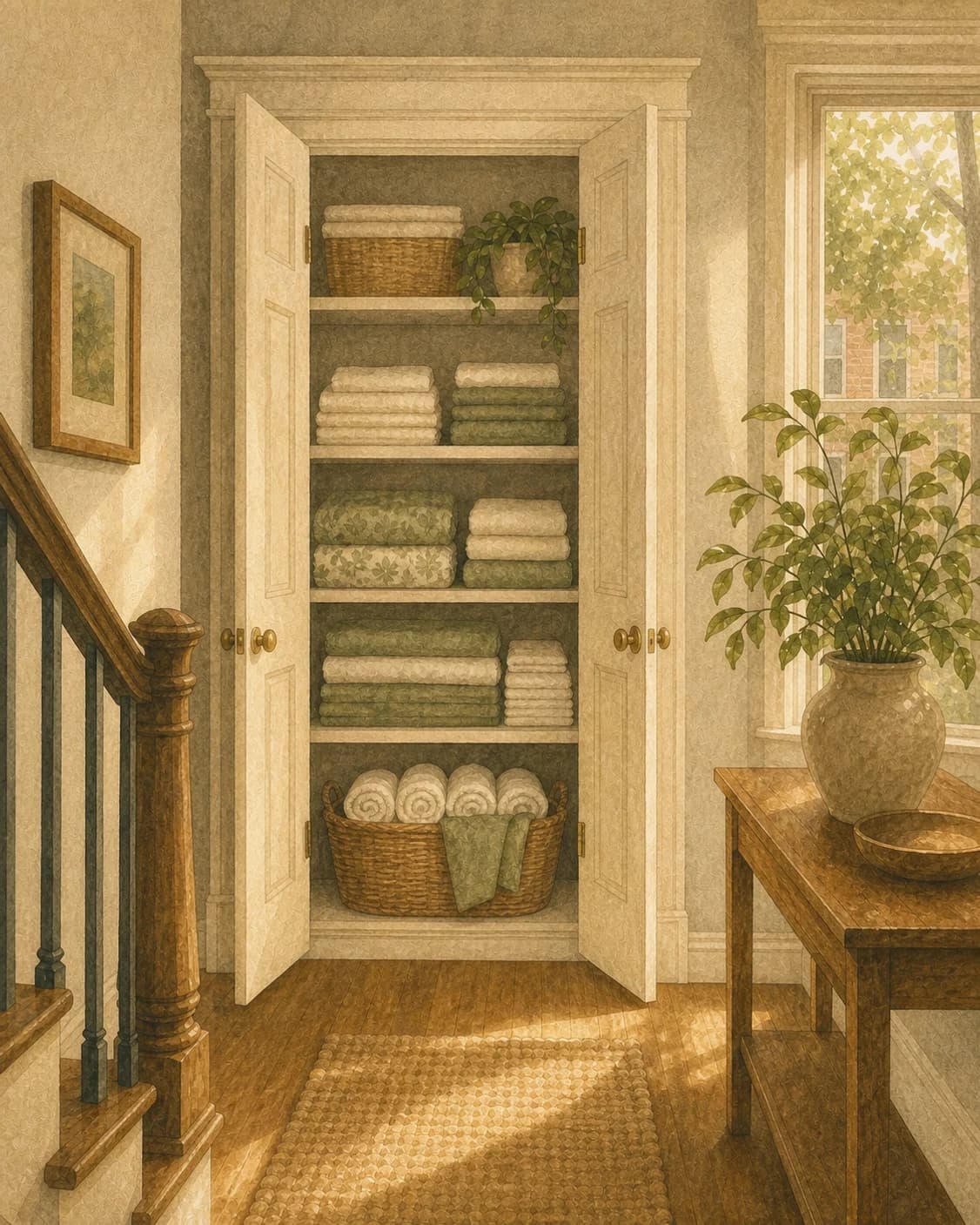A painted rowhome linen closet with orderly shelves, folded linens, and warm morning light