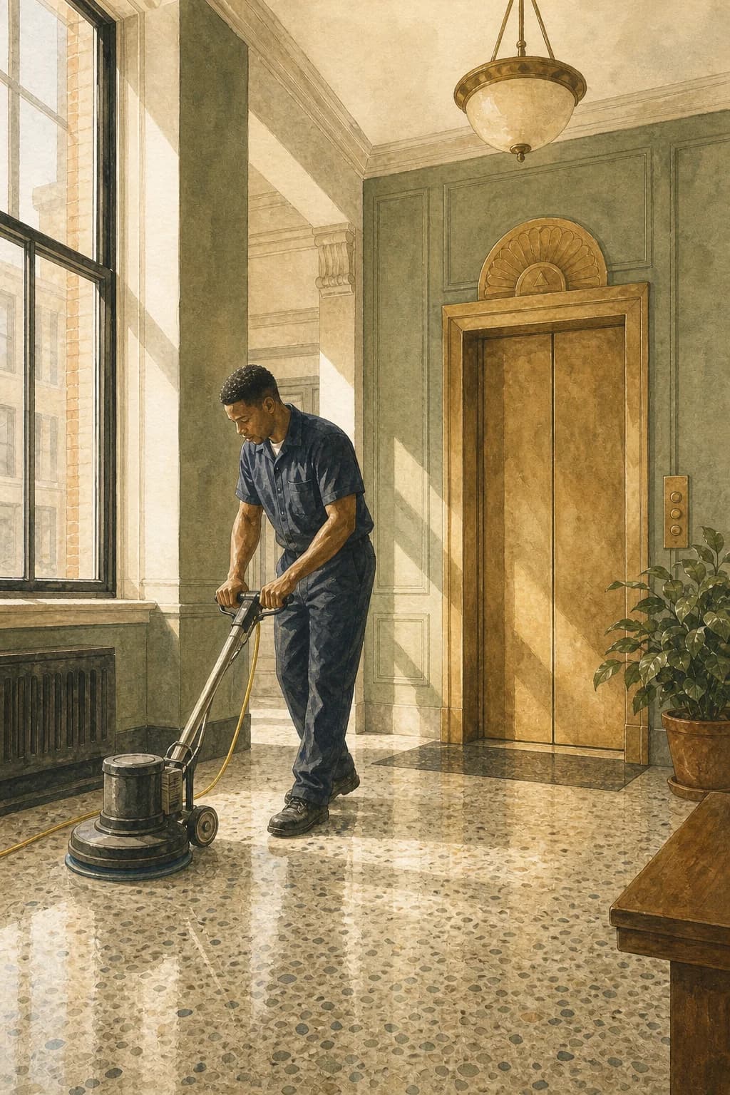 A painted janitorial worker tending a polished commercial lobby