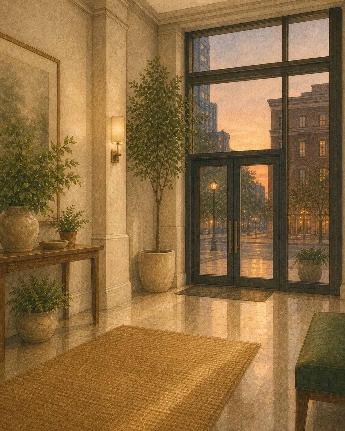 A painted empty commercial lobby at dusk with polished floors and gleaming glass doors