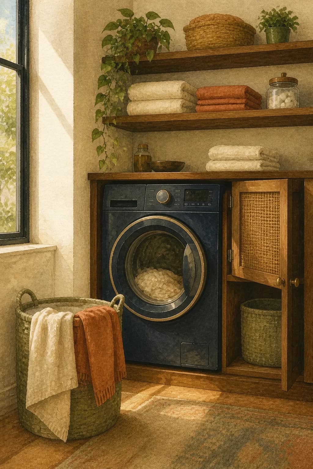A painted laundry corner with fresh folded linens between guest stays