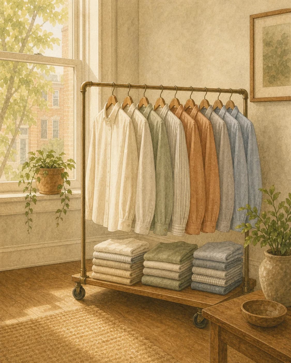 A painted rolling rack of pressed shirts with folded laundry stacks below a bright window