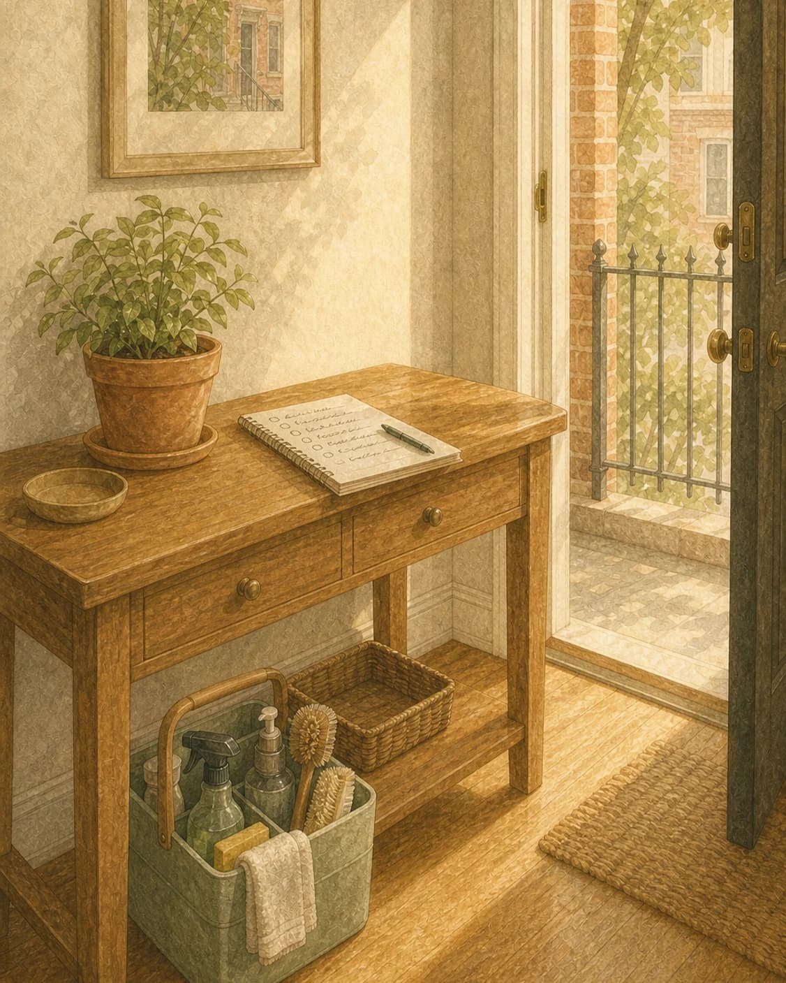 A painted entry table with a maid-service priority list and organized cleaning tote