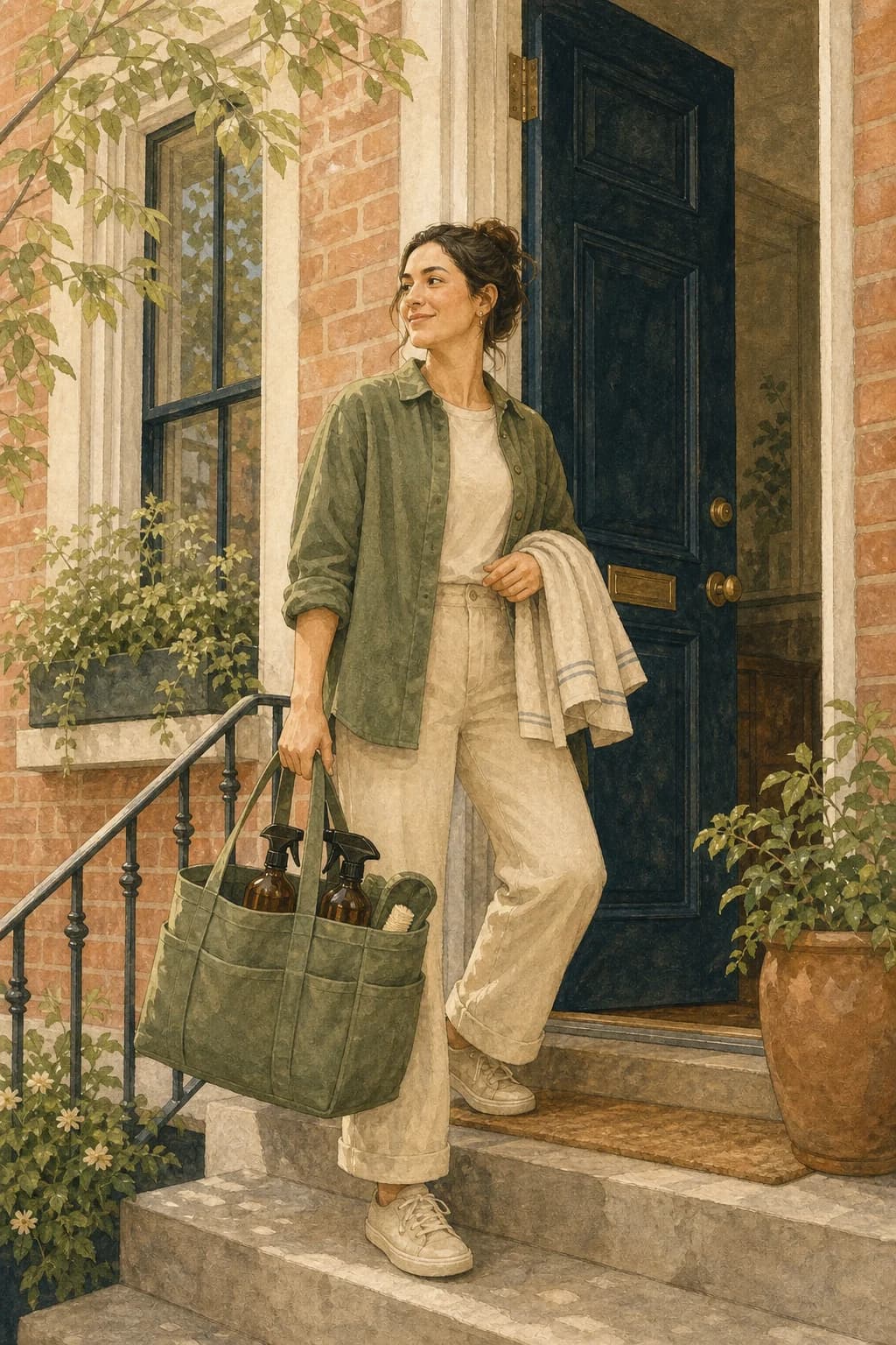 A painted friendly cleaner arriving at a rowhome with a tote