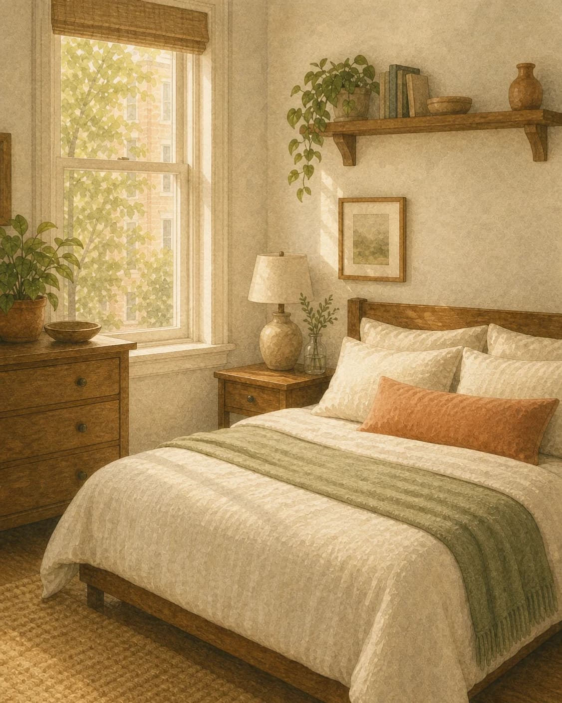 A painted Philadelphia bedroom with freshly rotated linens and a tidy shelf in morning light