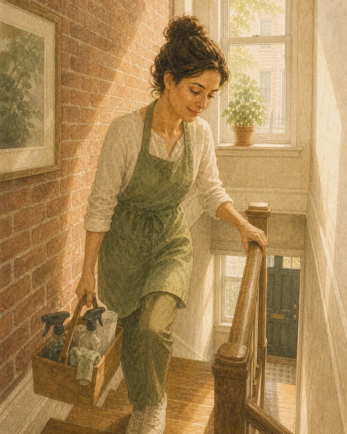 A painted cleaner carrying supplies up a narrow exposed-brick row-home stair