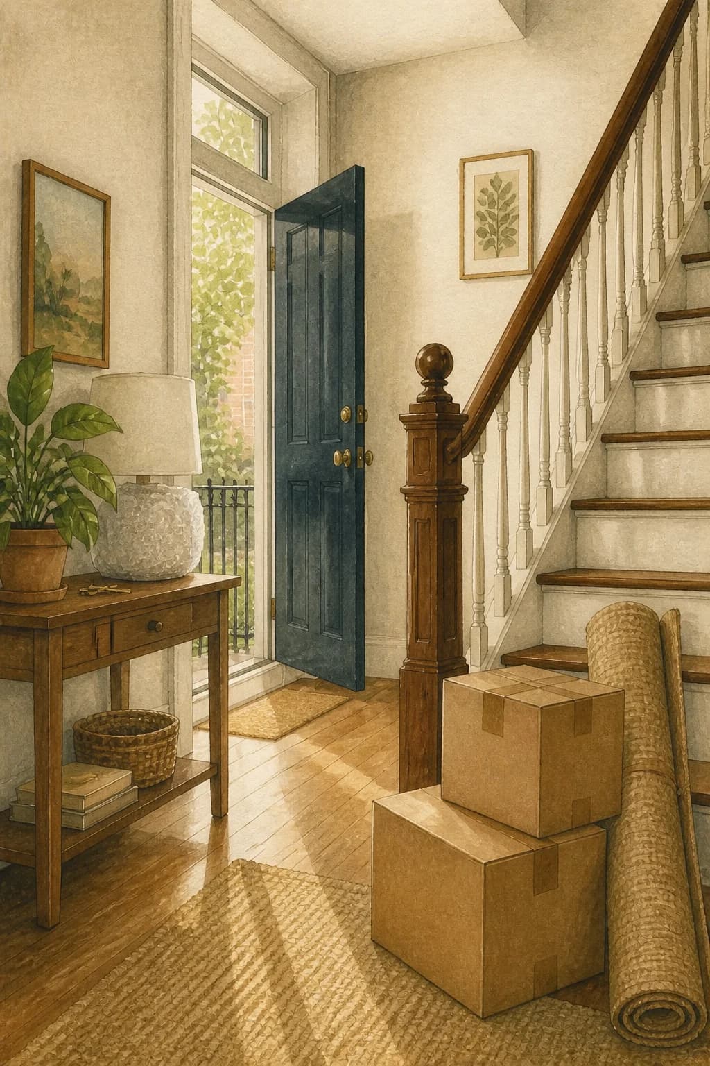 A painted move-day stairwell with an open door, boxes, rolled rug, and keys