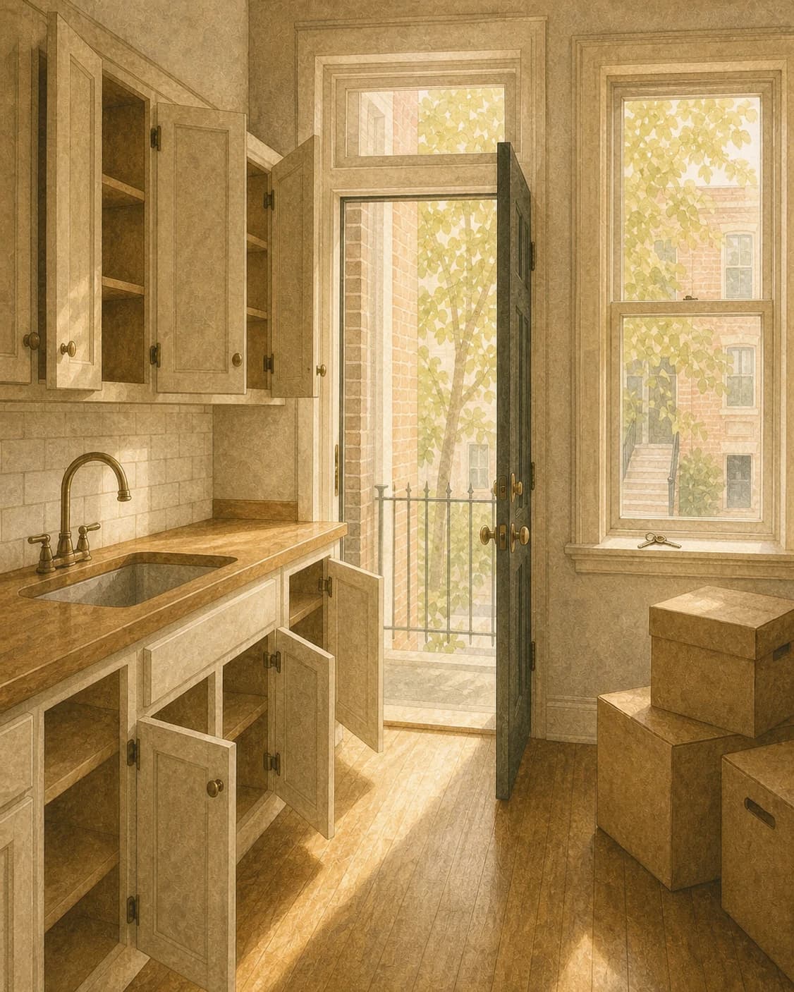 A painted empty rowhome kitchen with open cabinets, moving boxes, and keys by the doorway