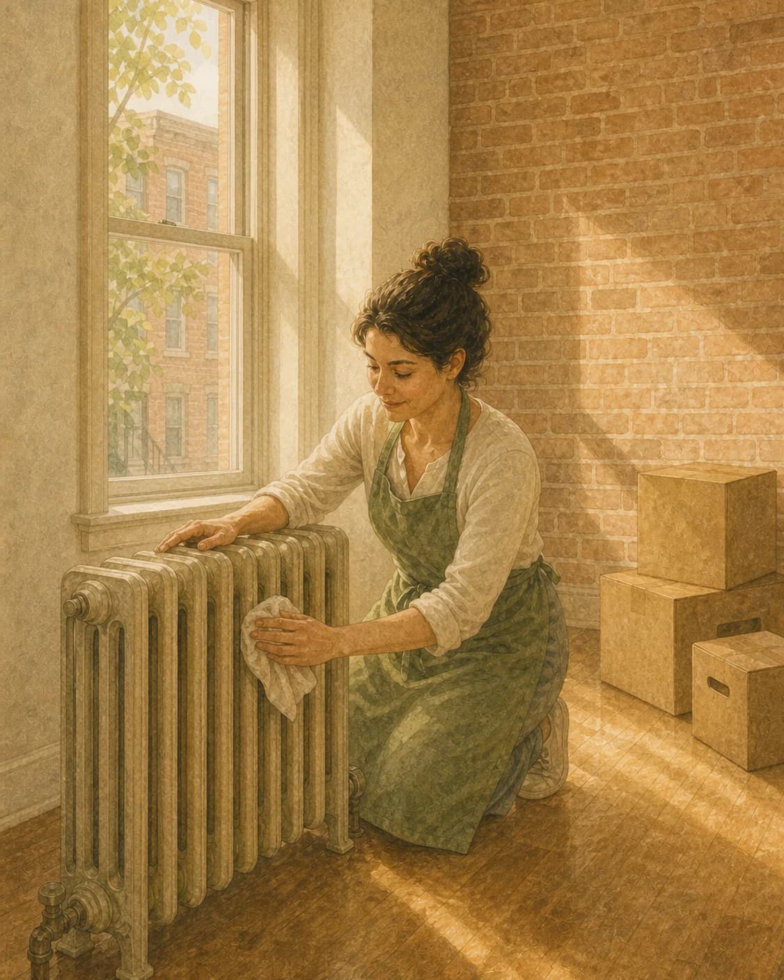 A painted cleaner kneeling to wipe down a cast-iron radiator beneath a tall window, beside an exposed brick wall
