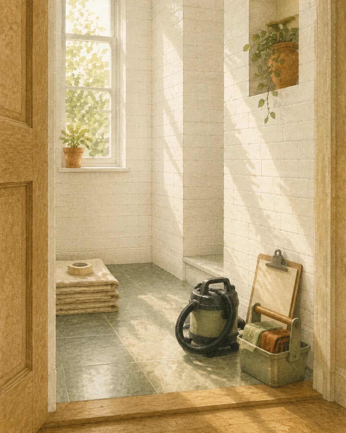 A painted freshly finished room with clean new cabinetry, a tall window, and a HEPA vacuum resting by the doorway before the final walkthrough