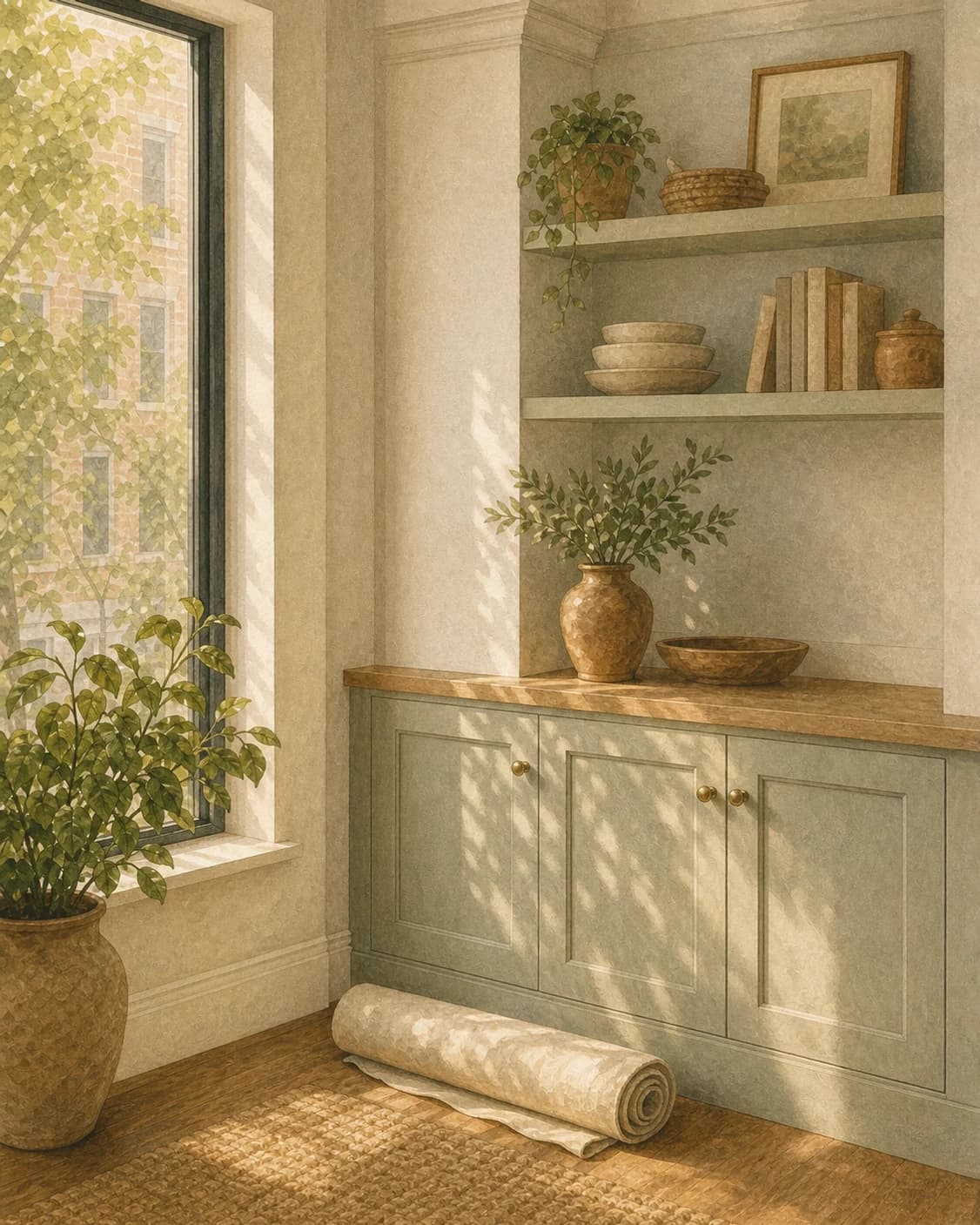 A painted finished renovation room with clean cabinetry, polished hardware, and a rolled drop cloth