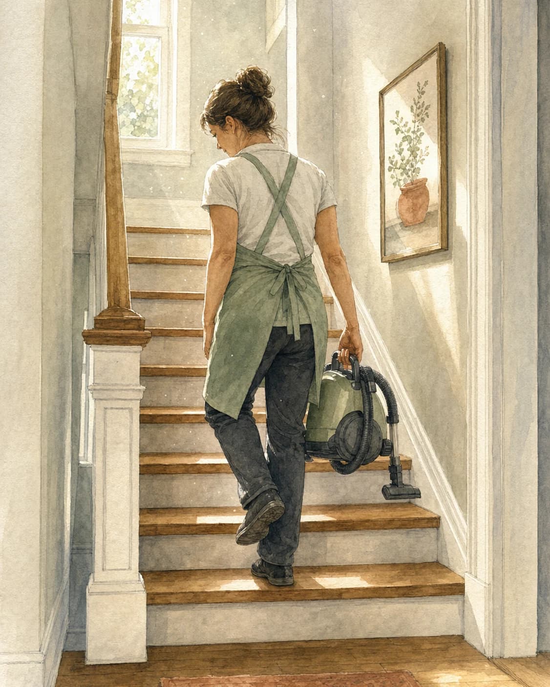 A painted cleaner carrying compact equipment up a narrow renovated row-home stair