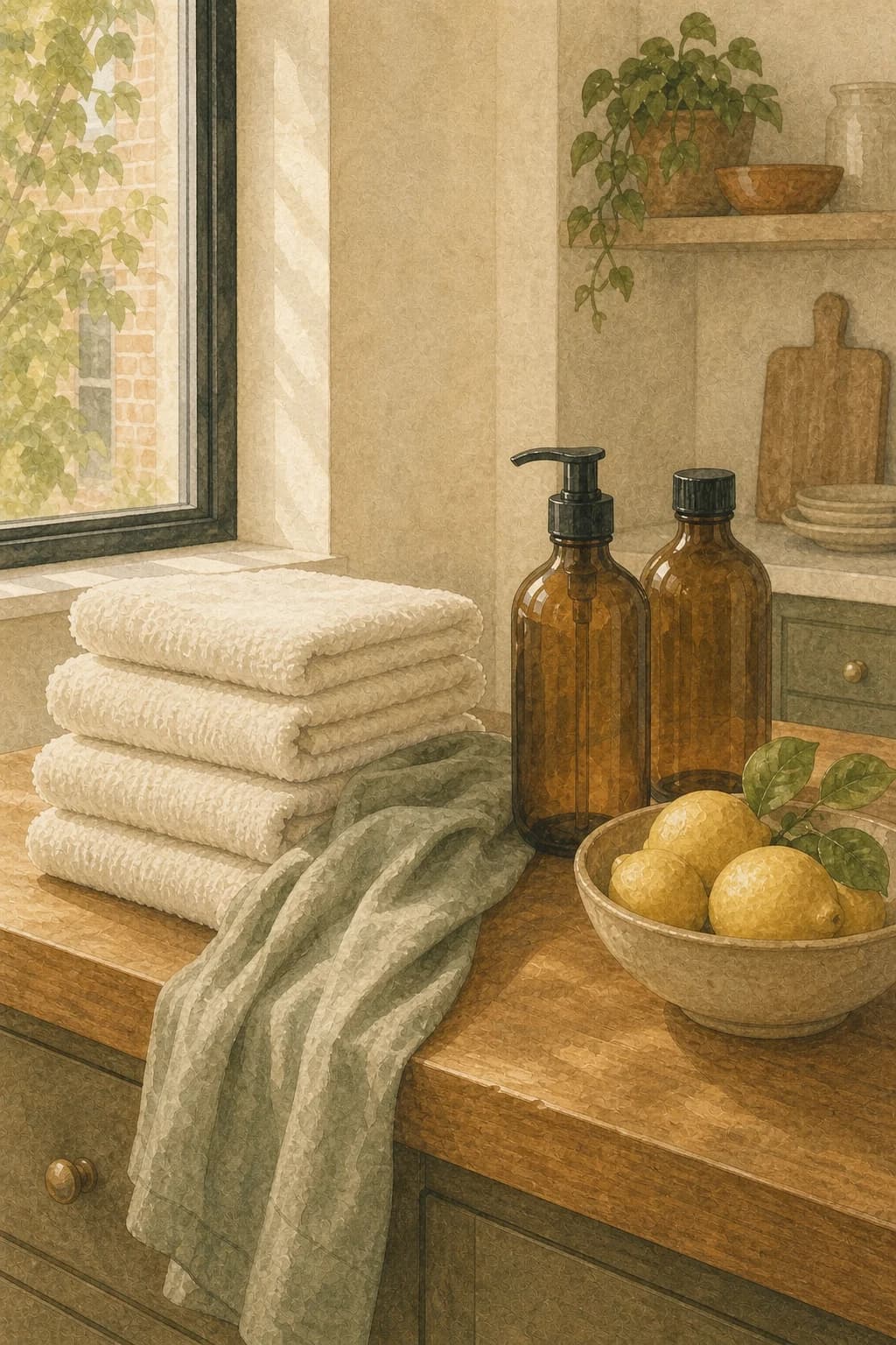 A painted kitchen-counter still life of fresh supplies and folded towels