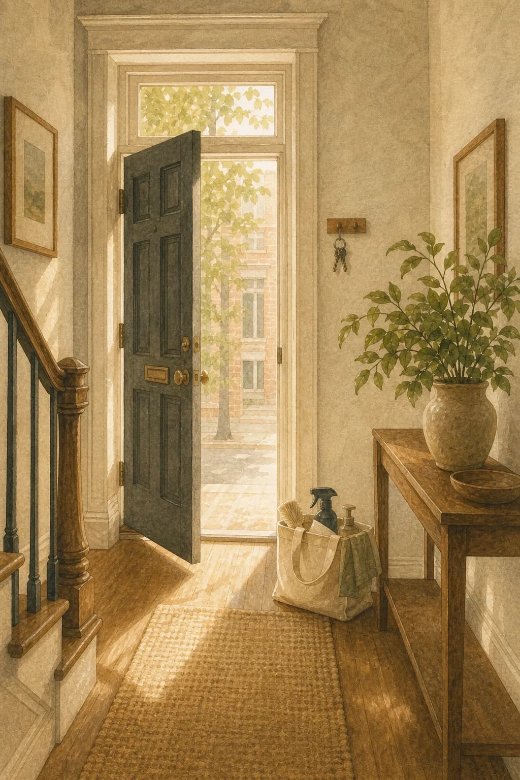 A painted sunlit rowhome entry hall with a cleaning tote by the open door and keys on a hook