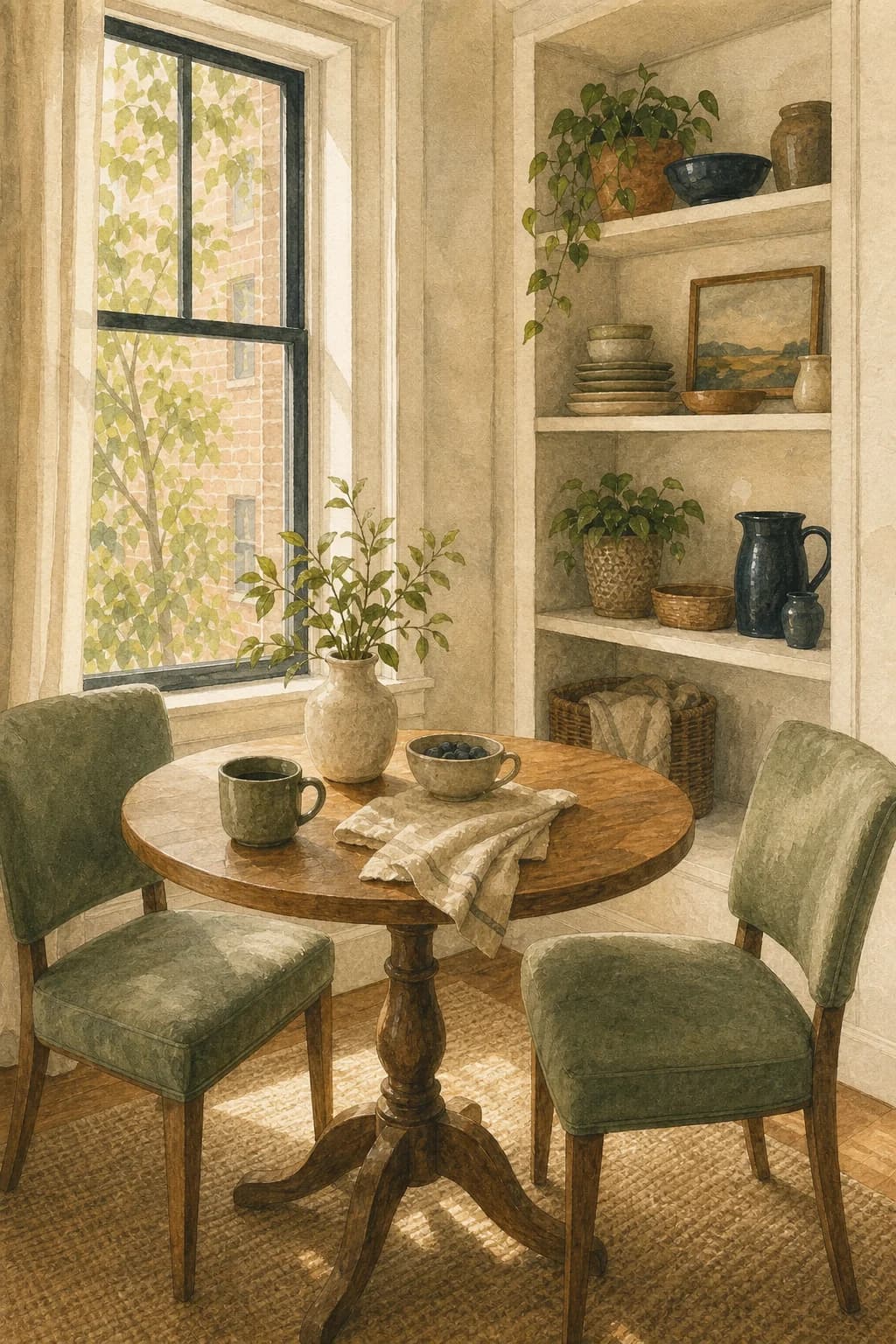 A painted breakfast nook arranged for a calm recurring household rhythm