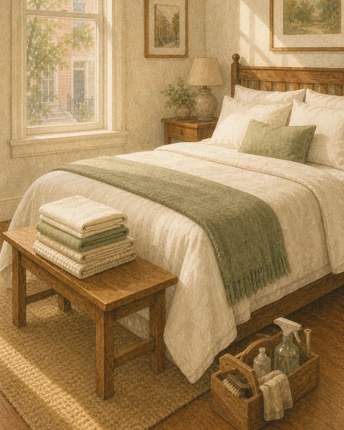 A painted freshly made bed with folded laundry and a caddy of eco-friendly supplies