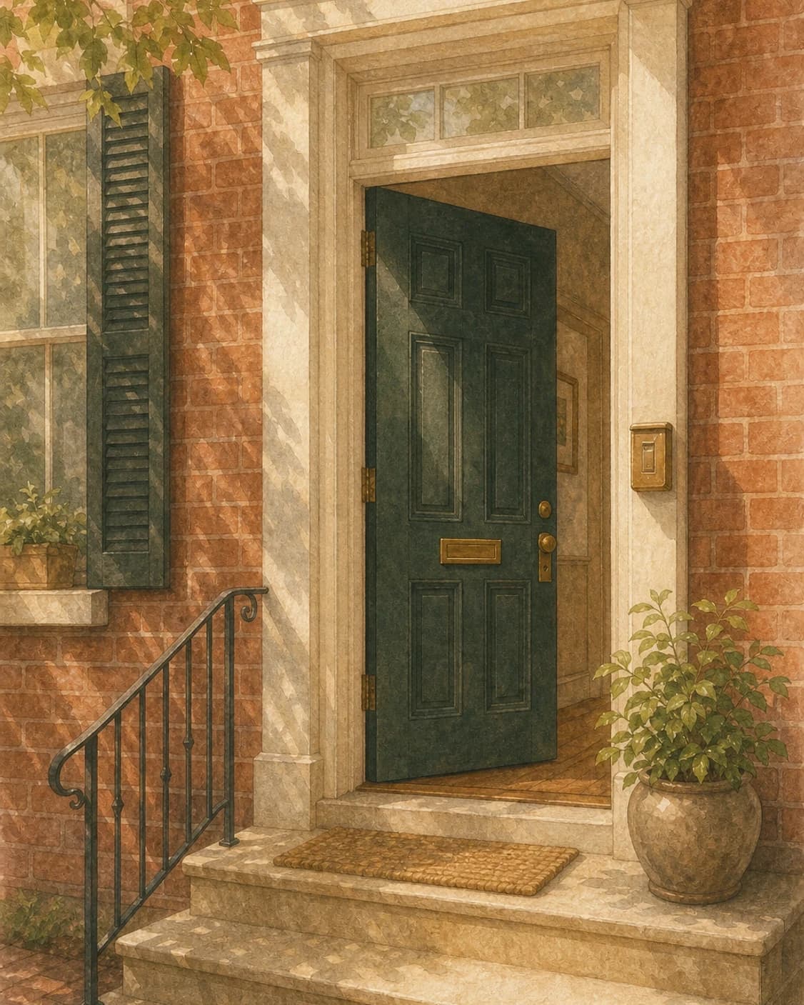A painted rowhome front door standing open above a marble stoop, a doormat and potted plant at the threshold, red brick on either side