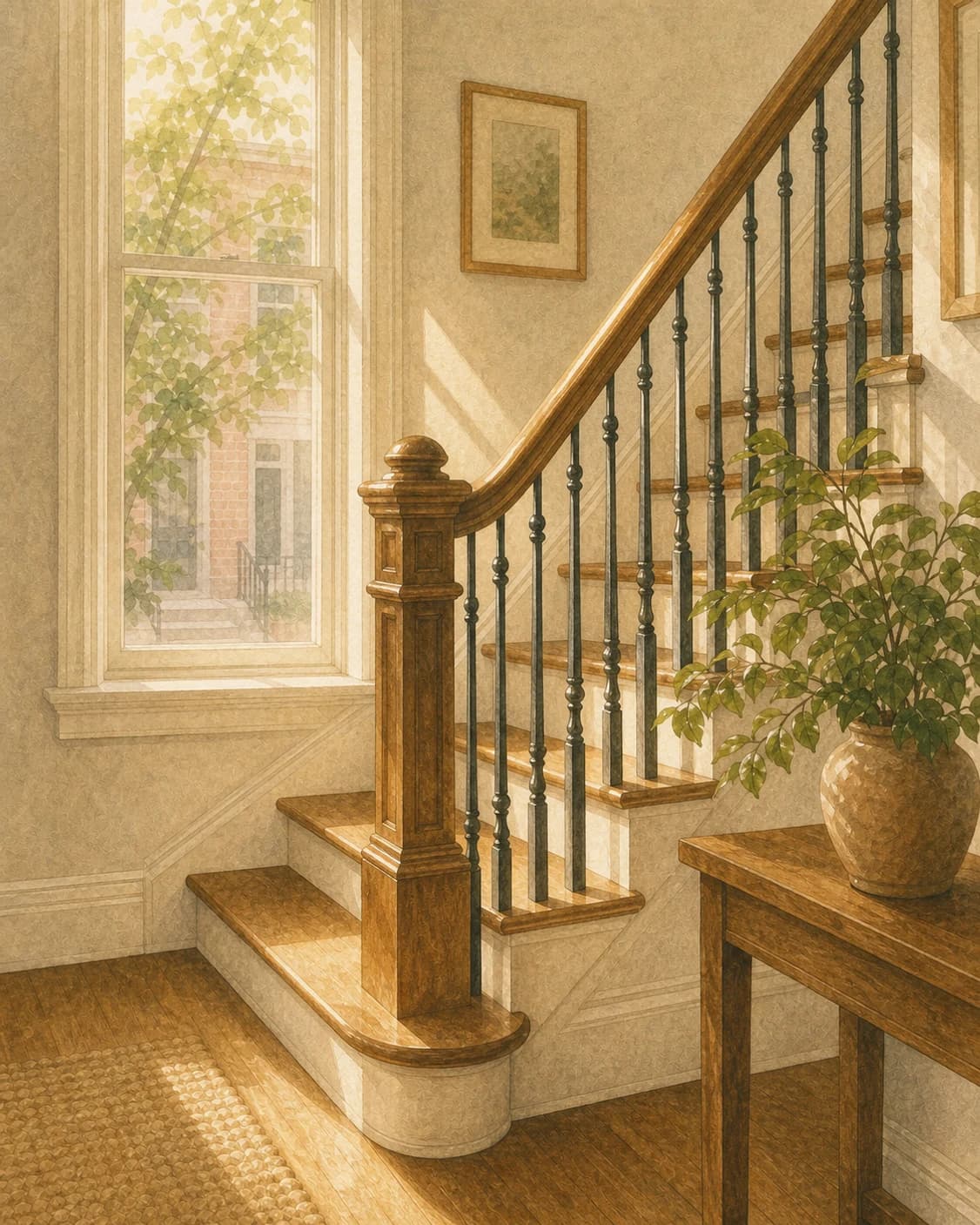 A painted bright rowhome staircase with a polished wood banister in morning light